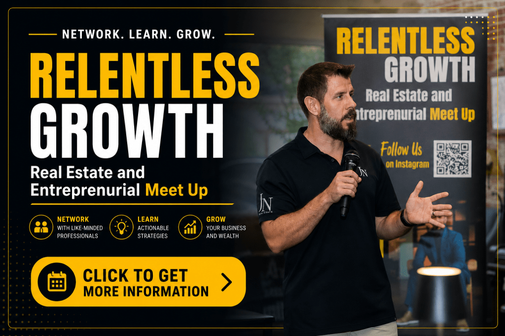 A speaker presenting at a Real Estate and Entrepreneurial Meetup event under a banner that reads 'Relentless Growth,' emphasizing networking, learning, and growth opportunities.